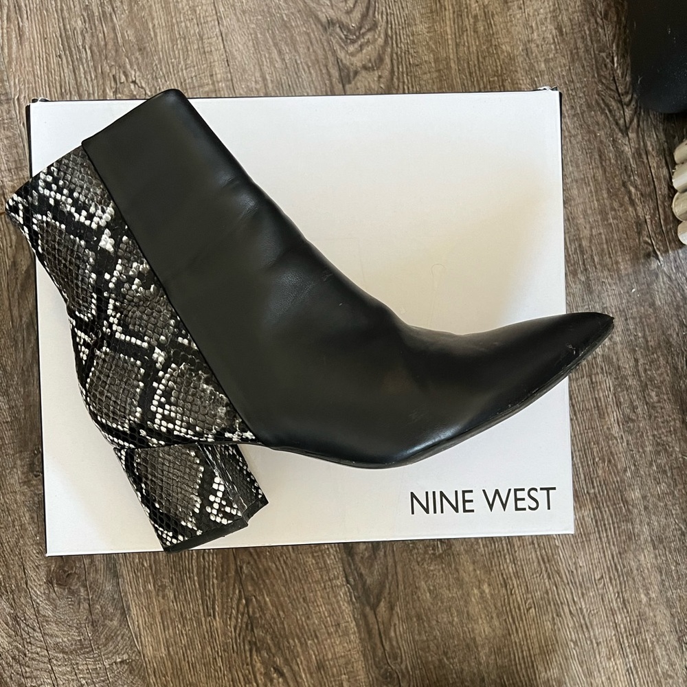 Black polyurethane and snakeskin bootie